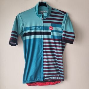 Castelli Men’s Teal & Burgundy Striped Cycling Jersey With Soft Inner Lining Lg